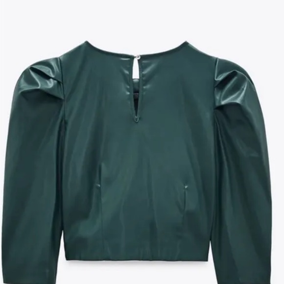 NEW Zara Size  M dark Green Leather Puff Sleeve Crop Top - Picture 2 of 4